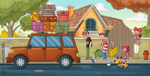 Cartoon family in front of a house. Suburb neighborhood