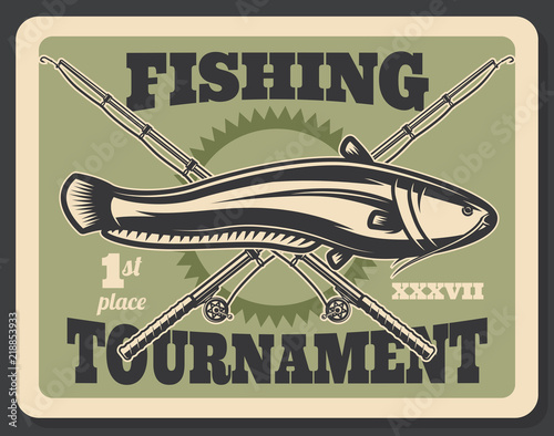 Fishing tournament fish and rods vector poster