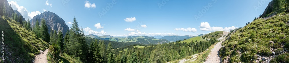 Panoramic view on Alpe di Siusi in the Dolomites from Langkofel hiking trail