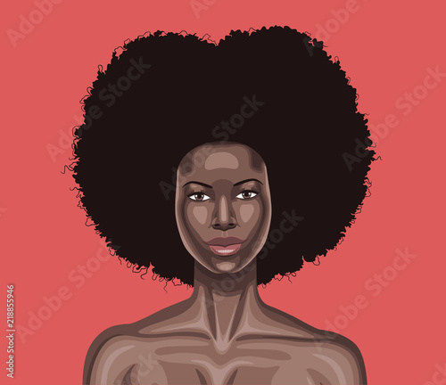 Vector portrait of beautiful young black woman with very long curly hair isolated on pink background 