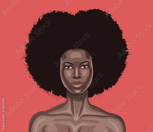 Vector portrait of beautiful young black woman with very long curly hair isolated on pink background
