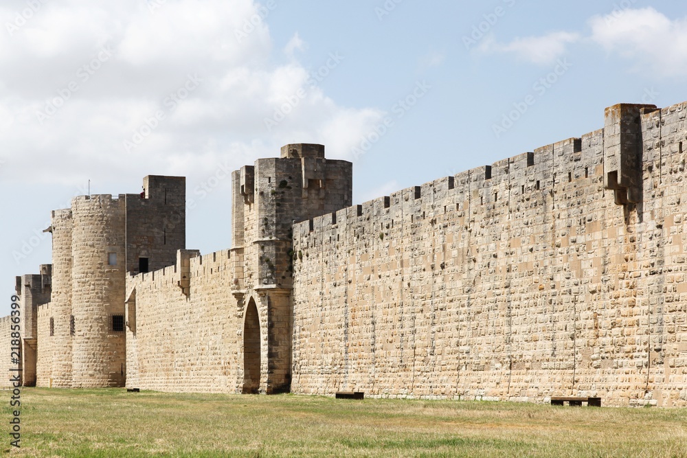 Historic towers and ramparts in the city of Aigues-Mortes, France 