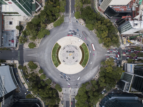 Angel of Independence (Monumento a la Independencia) Bird's Eye View Drone Shot of Roundabout and Golden Statue photo