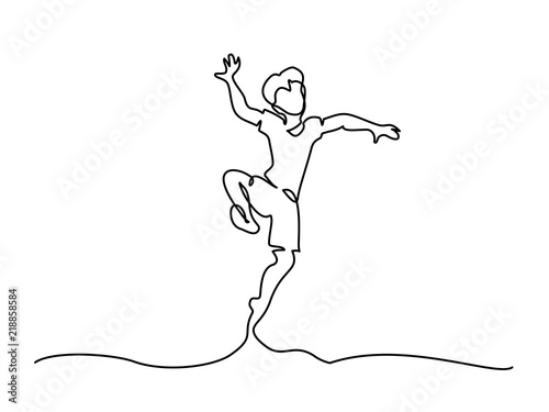 Continuous one line drawing. Happy boy jumping. Vector illustration. Concept for logo, card, banner, poster flyer