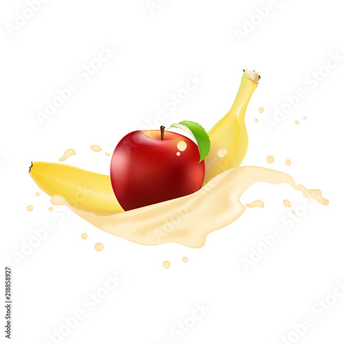 Vector ads 3d promotion banner, Realistic apple, banana, splashing with falling slices, juice drops, vitamins, leaves. Ice cream, yogurt brand advertising. Label poster
