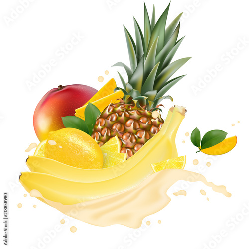 Vector ads 3d promotion banner, Realistic mango, lemon, banana, pineapple  splashing with falling slices, juice drops, vitamins, leaves. Ice cream, yogurt brand advertising. Label poster