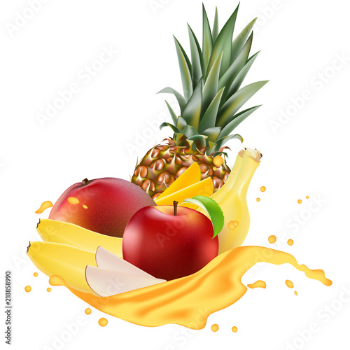 Vector ads 3d promotion banner, Realistic mango, apple, banana, pineapple  splashing with falling slices, juice drops, vitamins, leaves. Ice cream, yogurt brand advertising. Label poster