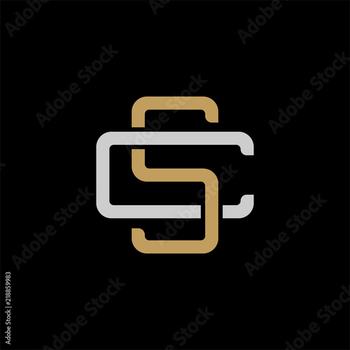 Initial letter C and S, CS, SC, overlapping interlock logo, monogram line art style, silver gold on black background