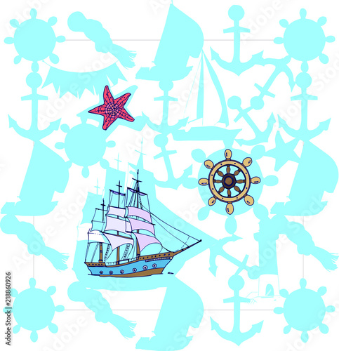 lovely pattern and background for postcards to the marine theme whith the ship, helm and starfish