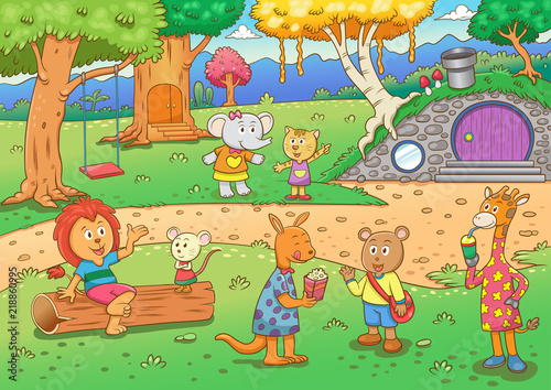 Vector illustration with cute forest animals in a children's style. A set of mammals in the forest. cartoon illustration of wild animals living in the tree house, tree hollow