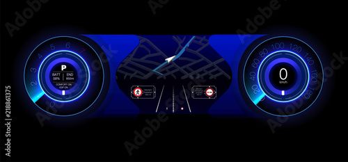 Automotive dashboard of the future. Hybrid car. Diagnostics and elimination of breakdowns. Blue. HUD style. Vector image.