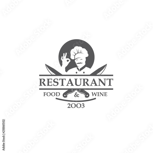 black restaurant label with crossed knives and chef isolated on white background