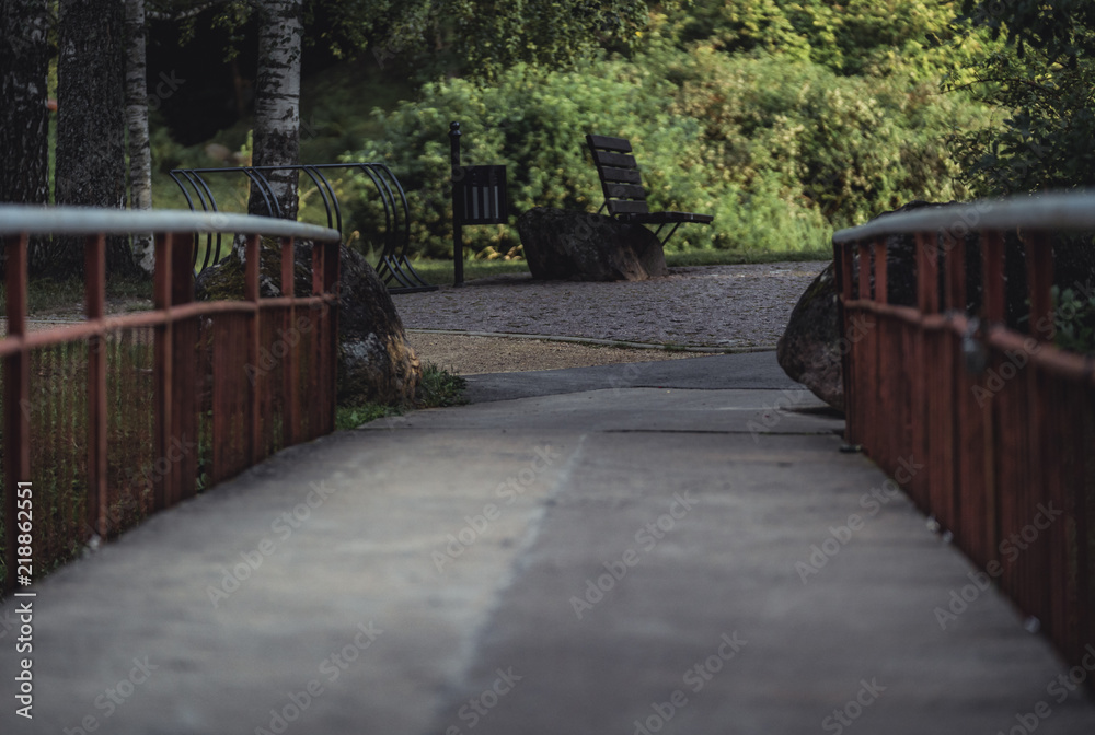 Moody Photo of the Bridge in a Park, Between Woods - Desaturated, Vintage Look