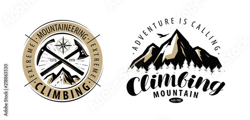 Climbing, mountaineering logo or label. Mountains vector