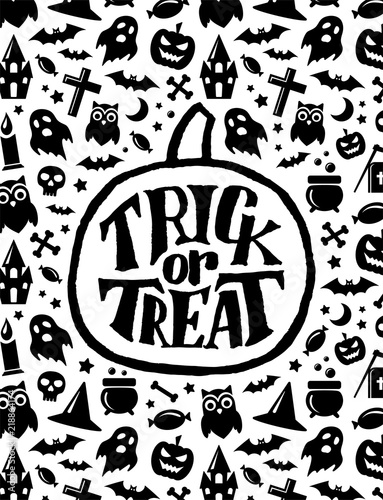 Happy Halloween. Holiday background with Trick or Treat hand lettering text on pumpkin. Vector banner template with jack o lantern  bats  ghost  skull signs and other scary icons.