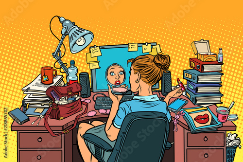 pop art Businesswoman in the workplace paints her lips