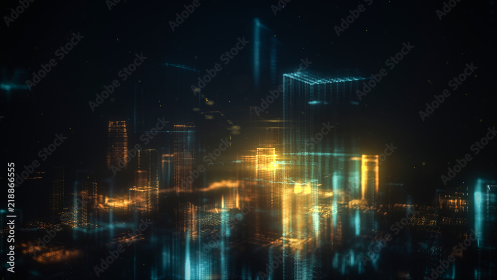 Fototapeta premium Digital abstract city made of glowing dots. Business skyscrapers. Hologram buildings. Architectural technology structure of luminous lines and particles. Connection concept. 3d rendering