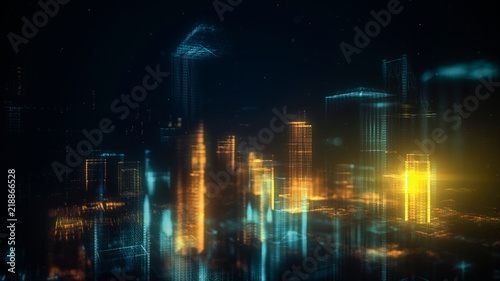 Digital abstract city made of glowing dots. Business skyscrapers. Hologram buildings. Architectural technology structure of luminous lines and particles. Connection concept. 3d rendering © S.Gvozd