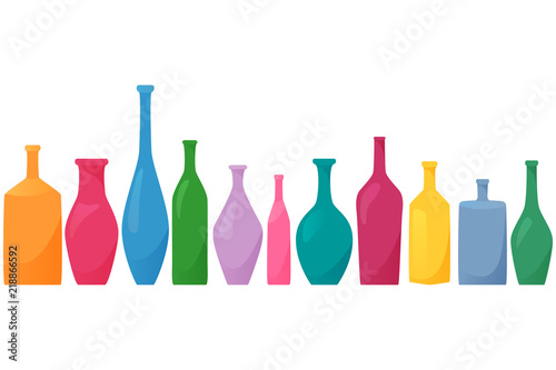 Bright colored bottles in a row, different type of bottles collection, horizontal flat style decoration