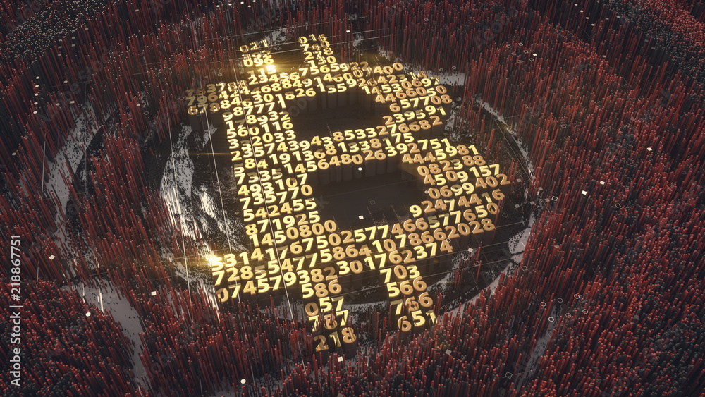 Bitcoin sign made of numbers on top of background from a large amount of square columns. 3d rendering Bitcoin sign made of numbers on top of background from a large amount of square columns. 3d rendering