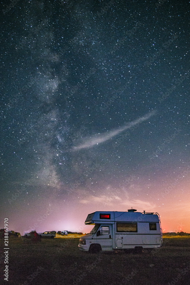 Camper van camping with the Milky way in the background Stock Photo ...