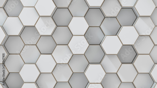 Set of white metal hexagons. Creative honeycomb geometric structure. Tech pattern of cell elements. Graphic digital concept. Abstract background. 3d rendering