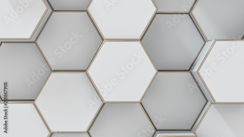 Fototapeta Naklejka Na Ścianę i Meble -  Set of white metal hexagons. Creative honeycomb geometric structure. Tech pattern of cell elements. Graphic digital concept. Abstract background. 3d rendering