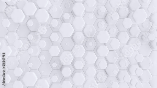 Hexagonal geometric background. Abstract structure of lots of different height hexagons. Creative honeycomb surface. Top view. Cell elements pattern. 3d rendering