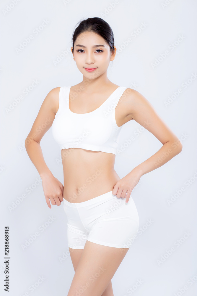 Portrait young asian woman smiling beautiful body diet with fit isolated on white background, model girl weight slim with cellulite or calories, health and wellness concept. Portrait young asian woman smiling beautiful body diet with fit isolated on white background, model girl weight slim with cellulite or calories, health and wellness concept.