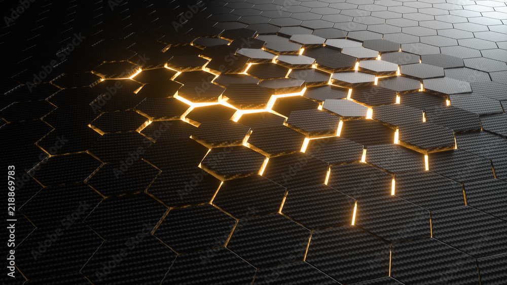 Fototapeta premium Abstract hexagonal geometric background. Structure of lots of hexagons of carbon fiber with bright energy light breaking through the cracks. 3d rendering