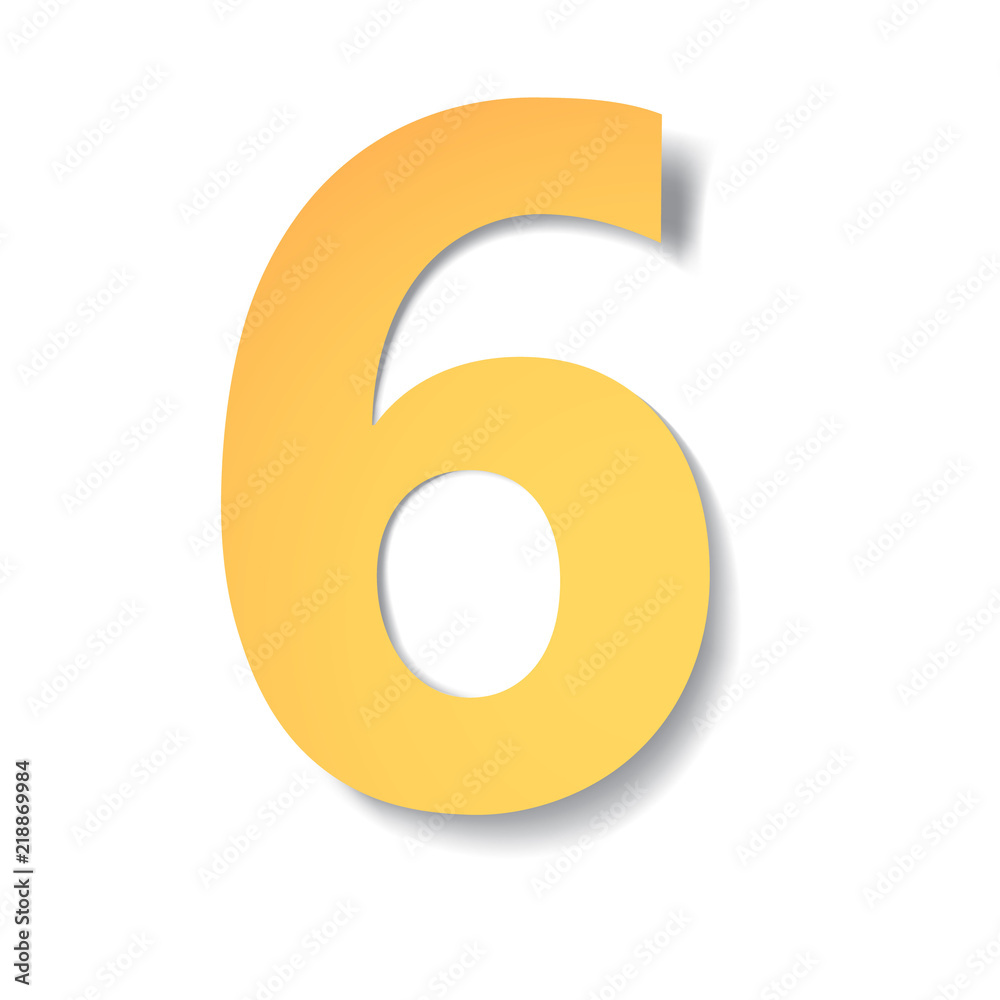 yellow-gold number 6 carved from paper with soft shadow.Vector origami yellow-gold number 6 carved from paper with soft shadow.Vector origami