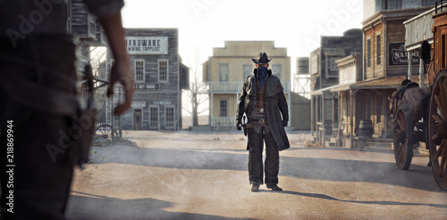 Fotobehang Western outlaw facing off against a cowboy in a classic gunfight in the center of town