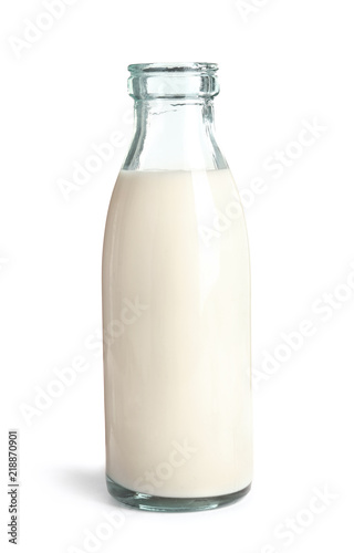Bottle with fresh hemp milk on white background