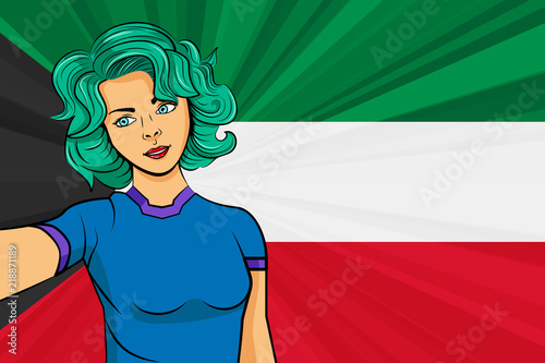 Pop art girl with unicorn color hair style. Young fan girl makes selfie before the national flag of Kuwait. Vector sport illustration in retro comic style