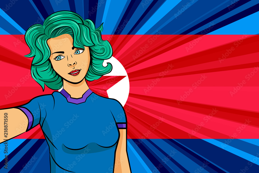 Pop art girl with unicorn color hair style. Young fan girl makes selfie  before the national flag of North Korea. Vector sport illustration in retro  comic style Stock Vector | Adobe Stock