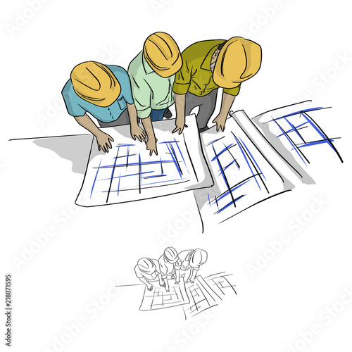 top view three construction engineer looking at blueprint in construction site vector illustration sketch doodle hand drawn with black lines isolated on white background