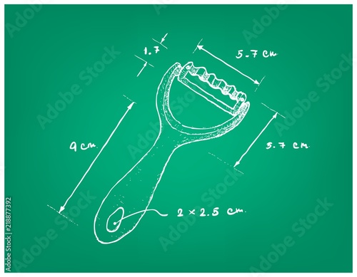 Illustration Hand Drawn Sketch Dimension of Fruit and Vegetable Knife Slicer or Grated Utensil Used in Food Preparation.