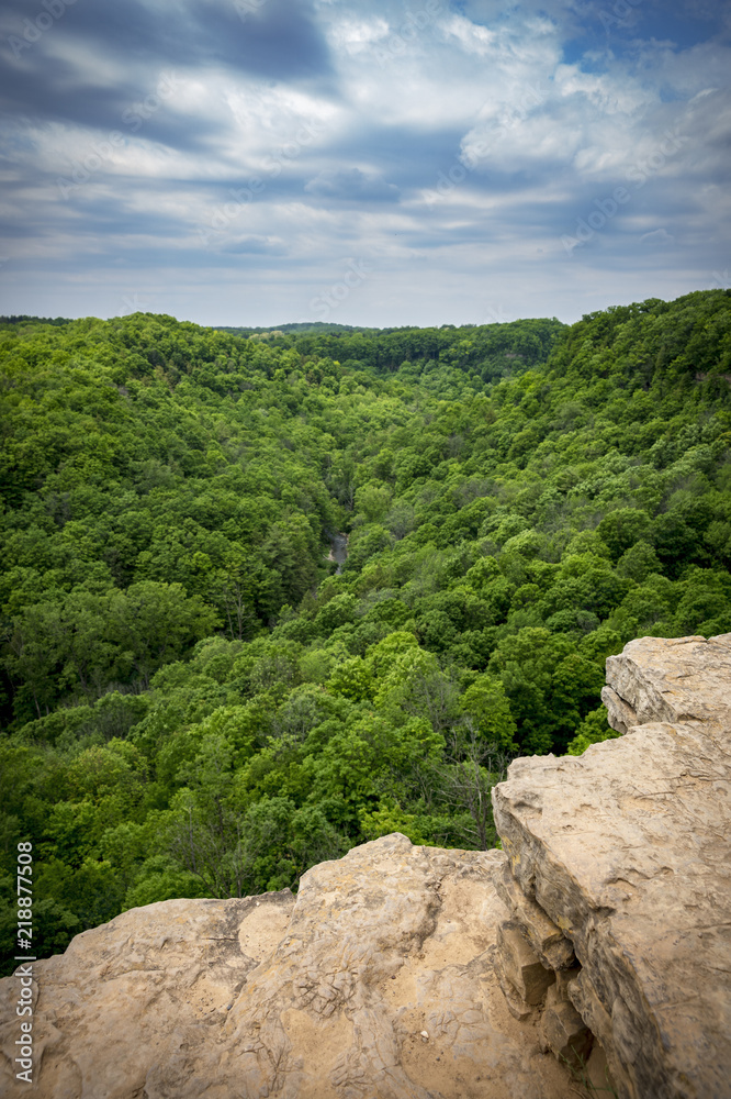 View from pinnacle of rocky cliff over lush green forest valley and river