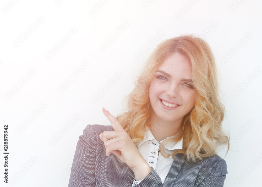 smiling business woman pointing on copy space. smiling business woman pointing on copy space.