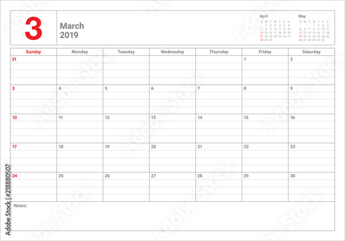 March 2019 desk calendar vector illustration