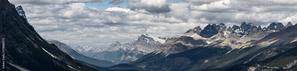 Panorama of dramatic landscape along the Icefields Parkway, Canada