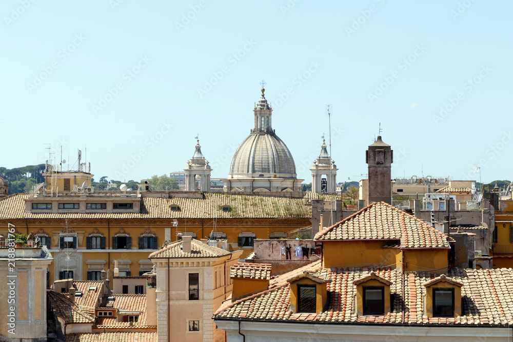 Aerial view of Rome, Italy, near the Pantheon with roof tops and dome of Catholic Church St. Ignatius of Loyola