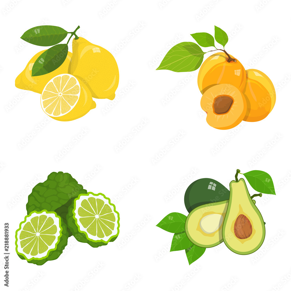 Tropical fruits set, food, exotic fruits set, vegan food, various fruit, set of organic healthy food, natural gifts of nature, various natural and healthy fruit, flat design, vector graphics to design