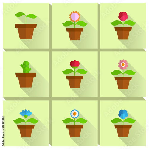 flower in a pot, house plant in the pot, spring flowers, various flat plants, set of different flowerpots with a long shadow, greenhouse, nature icons, flat design, vector graphics to design