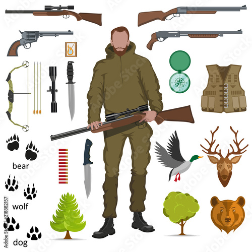 hunter with shotgun in his hand, hunter logo, sport, various sports shotgun and bullets, set of hunter equipment, traces of animals, set of different weapons, flat design, vector graphics to design
