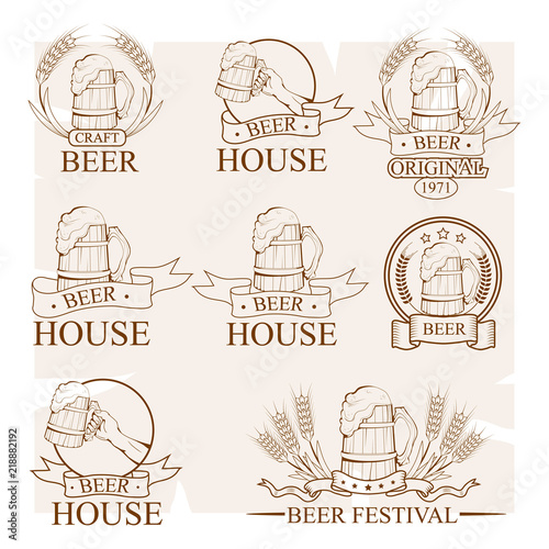 Quadro su tela mug of beer, beer logo, alcoholic emblem, various logo of cooling drink, set of