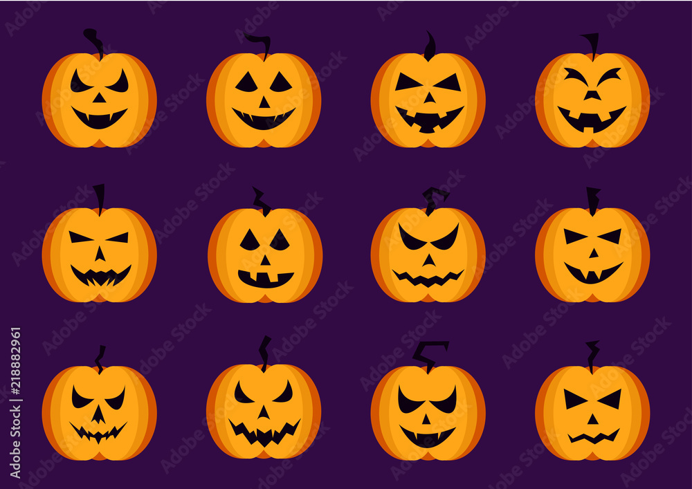 Collection of Halloween pumpkins faces icons set. Vector illustration Collection of Halloween pumpkins faces icons set. Vector illustration