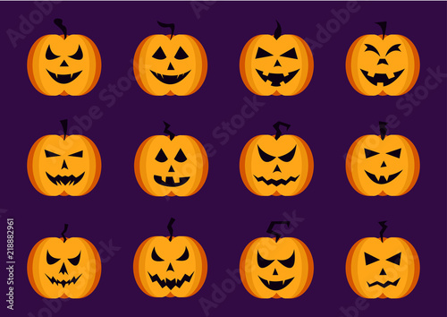 Collection of Halloween pumpkins faces icons set. Vector illustration