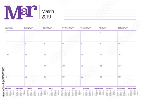 March 2019 desk calendar vector illustration