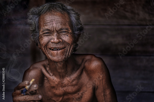 Smiling face of Old Asian man in countryside Thailand,